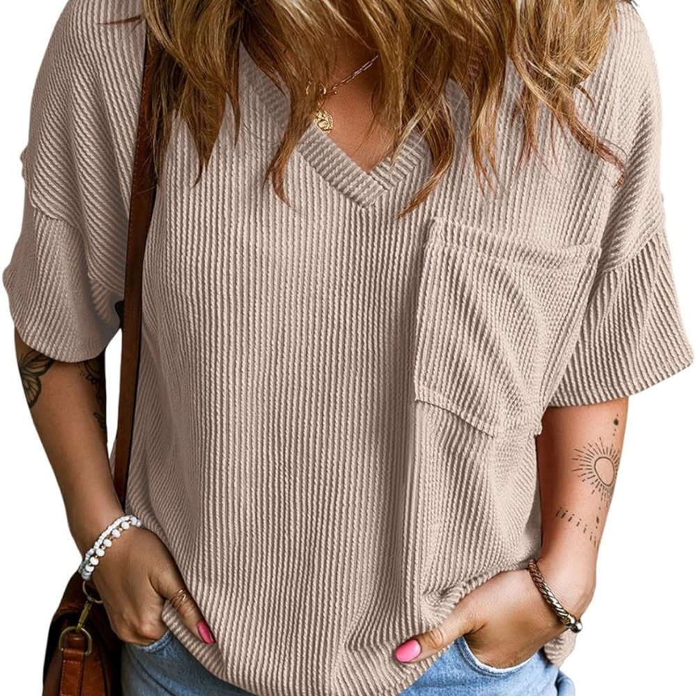 Casual V-Neck Ribbed Tan Top